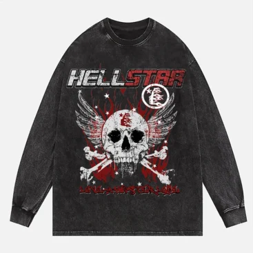 Long Sleeve Hellstar Graphic Printed Acid Washed T-Shirt
